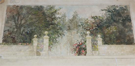 In the manner of Humphry Repton - scale watercolour - Garden and garden wall